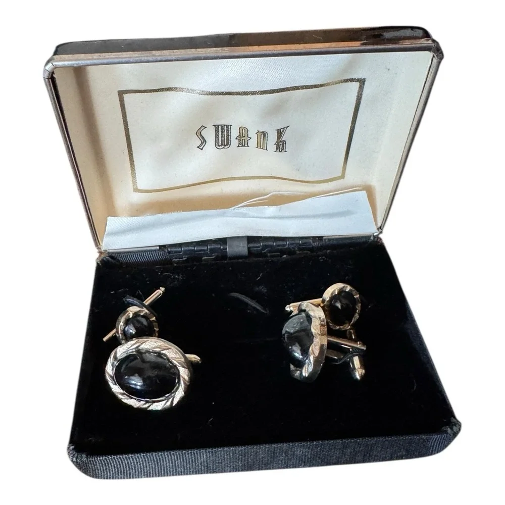 SWANK Men's Black Onyx Cufflinks Pair & 2 Tuxedo Pin‎ Set In Black Box Gold Tone